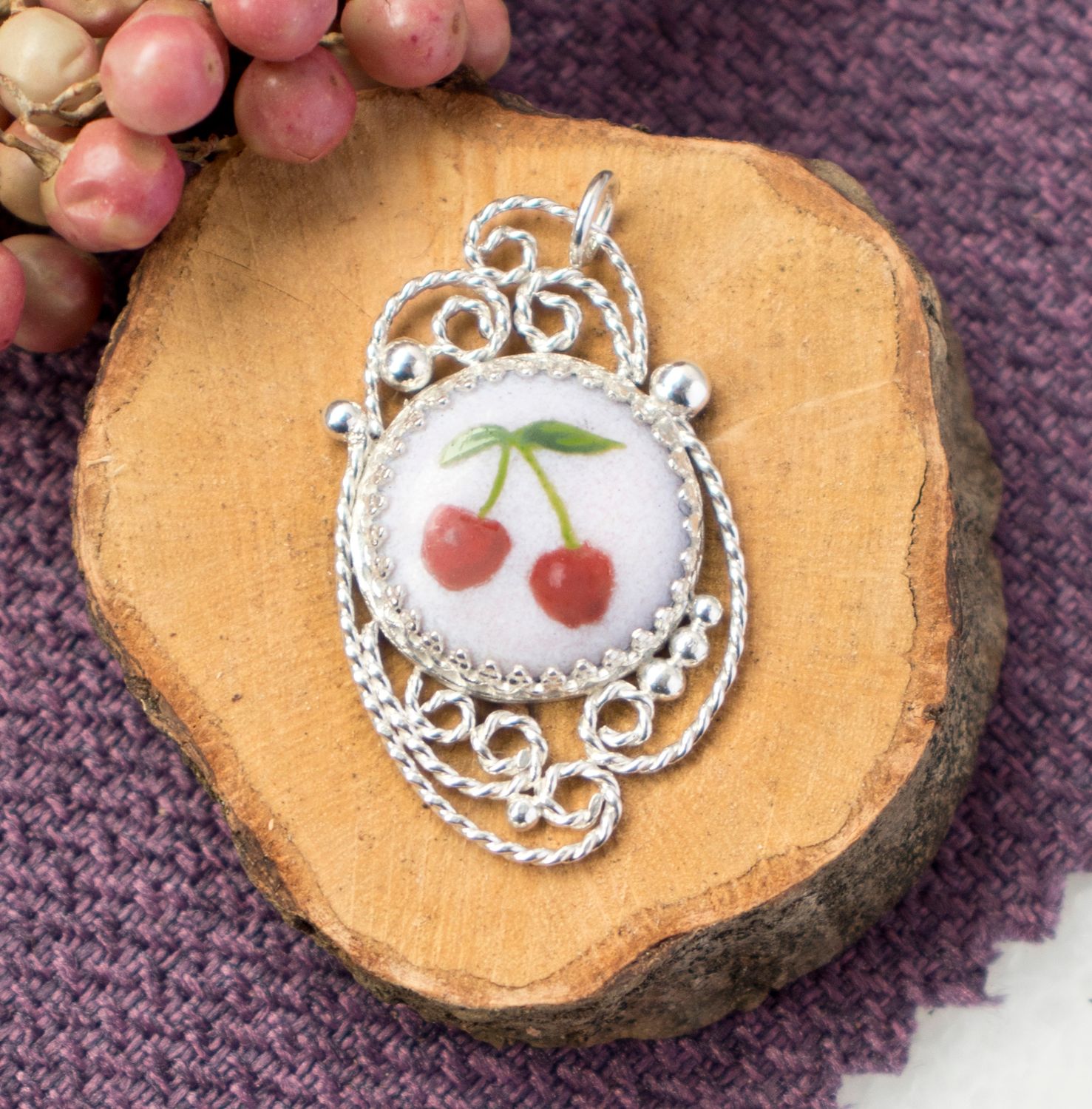 Filigree and Enamel Double Cherries Pendant
