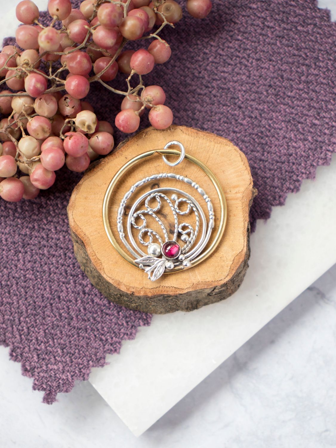 Filigree Silver and Brass Leaf and Berries Circular Pendant