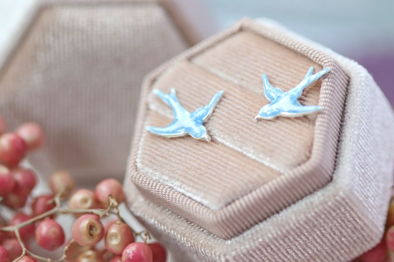 Blue Swallow Silver and Enamel Earrings Blue swallow enamel earring studs.