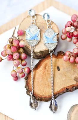 Moroccan Swallow Drop Earrings in Sterling Silver and Enamel