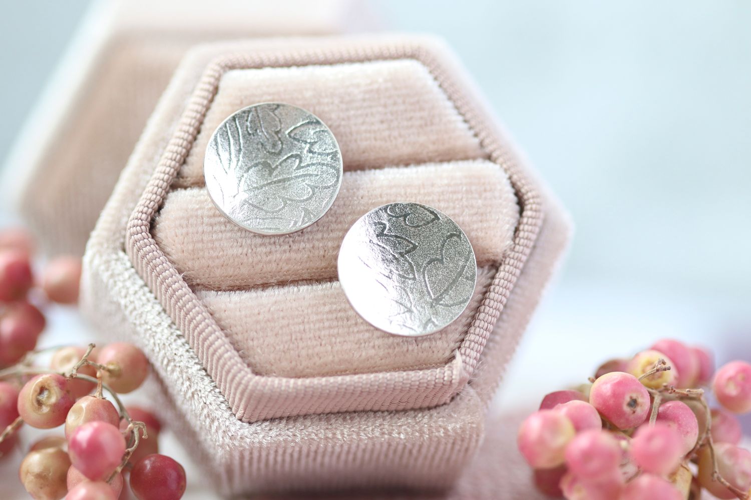 Oak leaf textured earrings in sterling silver.