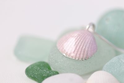 Pink cockle shell pendant in silver and enamel.