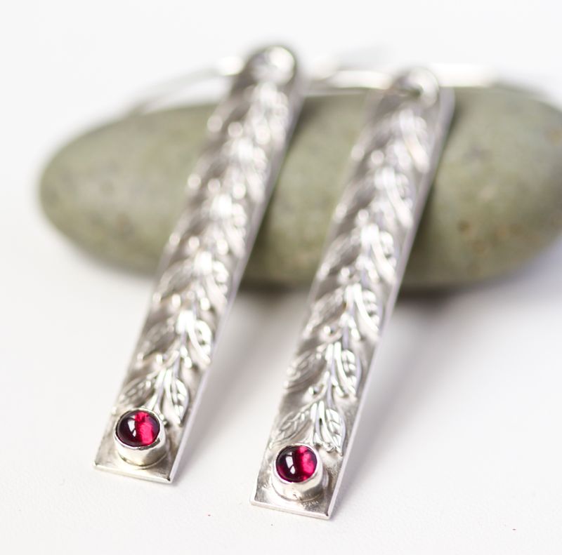 Garnet and silver leaf and berry drop earrings.