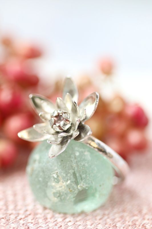 Waterlily Ring - Sterling Silver and Crystal Sterling Silver Waterlily Ring with Crystal Centre