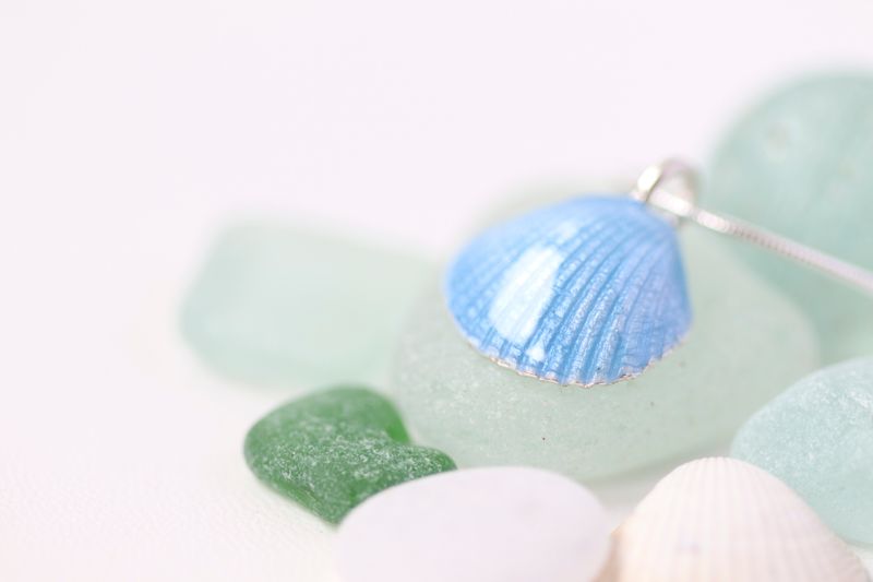 Sterling Silver Cockle Shell Pendant with Sky Blue Enamel