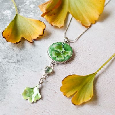 Gingko Leaf Enamel and Silver Pendant