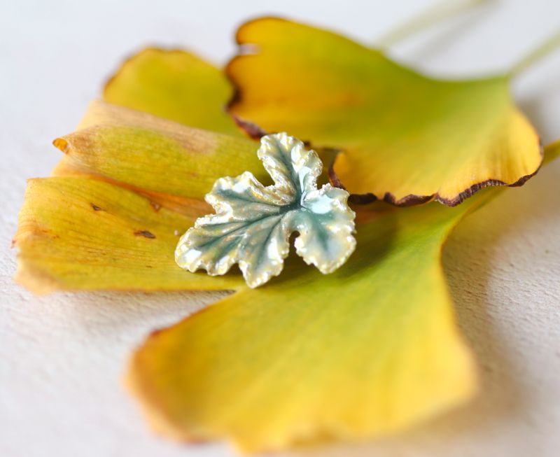 Autumn Geranium Leaf Enamel and Silver Pendant