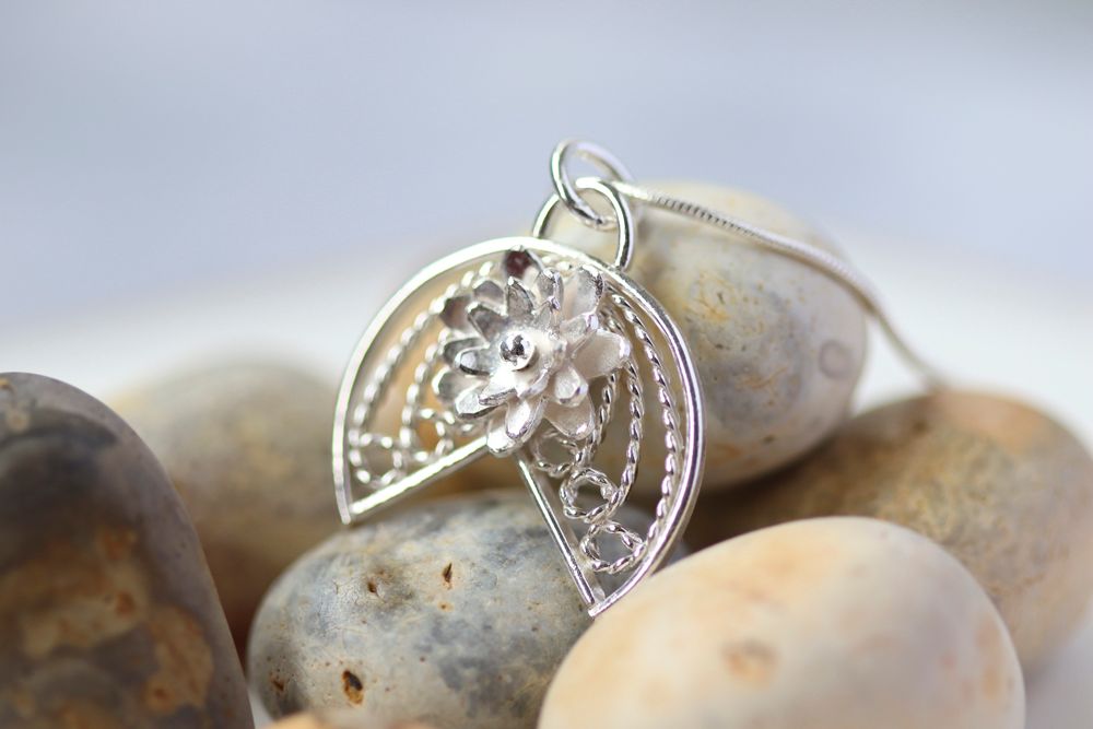 Filigree Waterlily Pendant - Sterling Silver Necklace