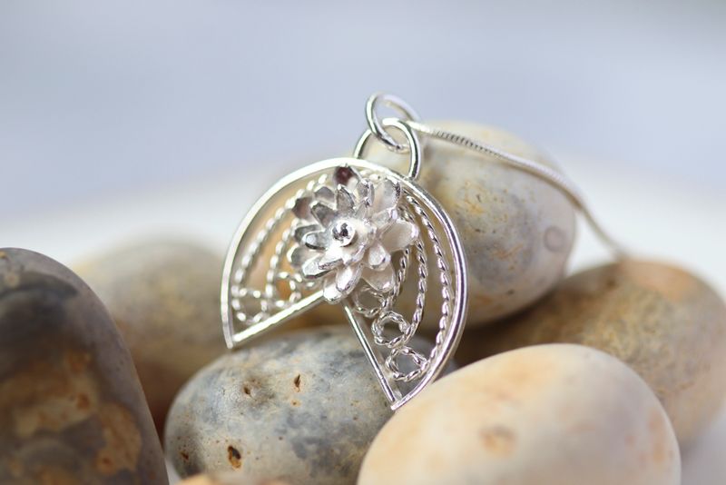 Filigree Waterlily Pendant - Sterling Silver Necklace