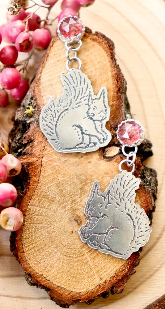 Sterling Silver Red Squirrel Earrings with Strawberry Quartz