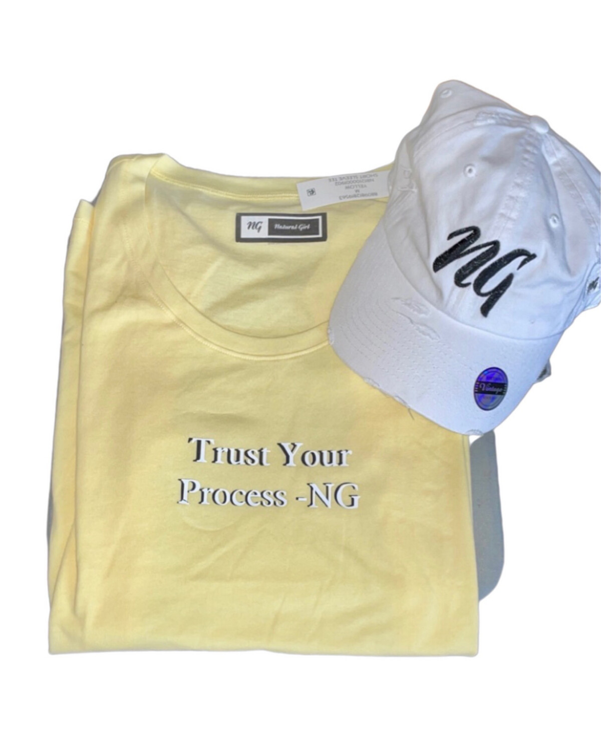 Yellow NaturalGirl Short Sleeve Shirt/white And Black NG Distress Hat ~Trust Your Process Empowerment Goes Along Way