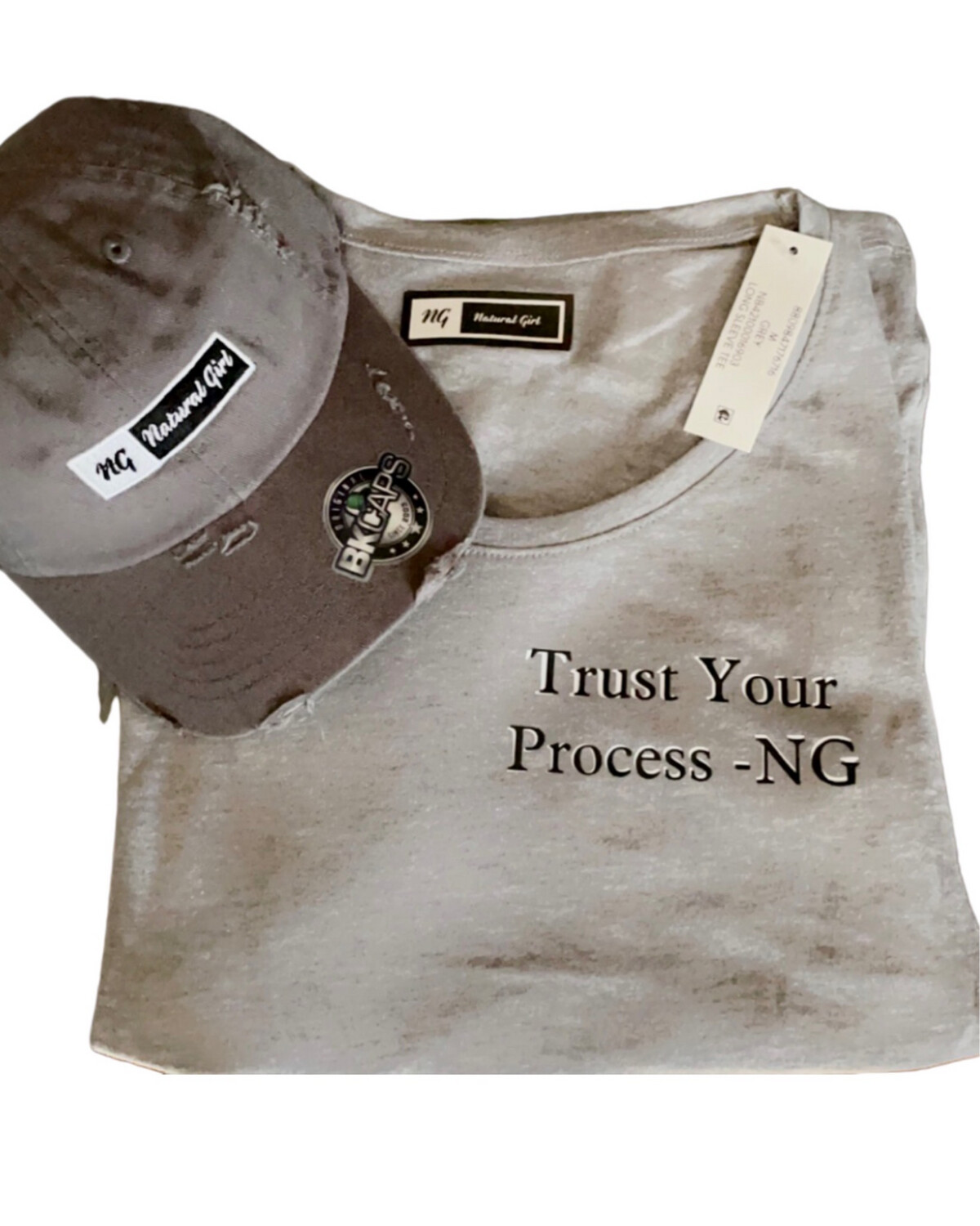 Gray NaturalGirl Distress Hat With /long Sleeve Empowerment Tee Trust Your Process