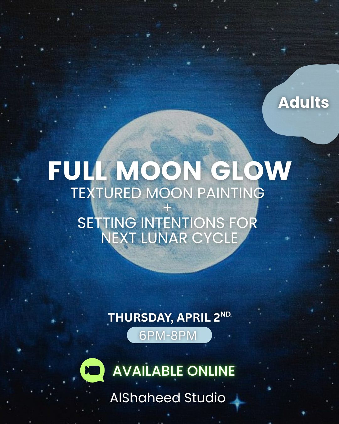 MOONLIGHT INTENTIONS - ARTISTIC NIGHT - THURS. APR 2ND, 6:00PM-8:00PM MOONLIGHT INTENTIONS - ARTISTIC NIGHT - THURS. APR 2ND, 6:00PM-8:00PM