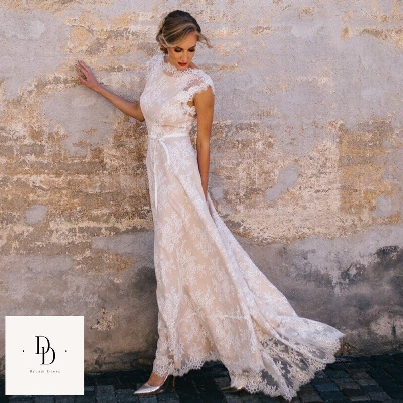 Vintage Champagne Lace Boho Wedding Dress