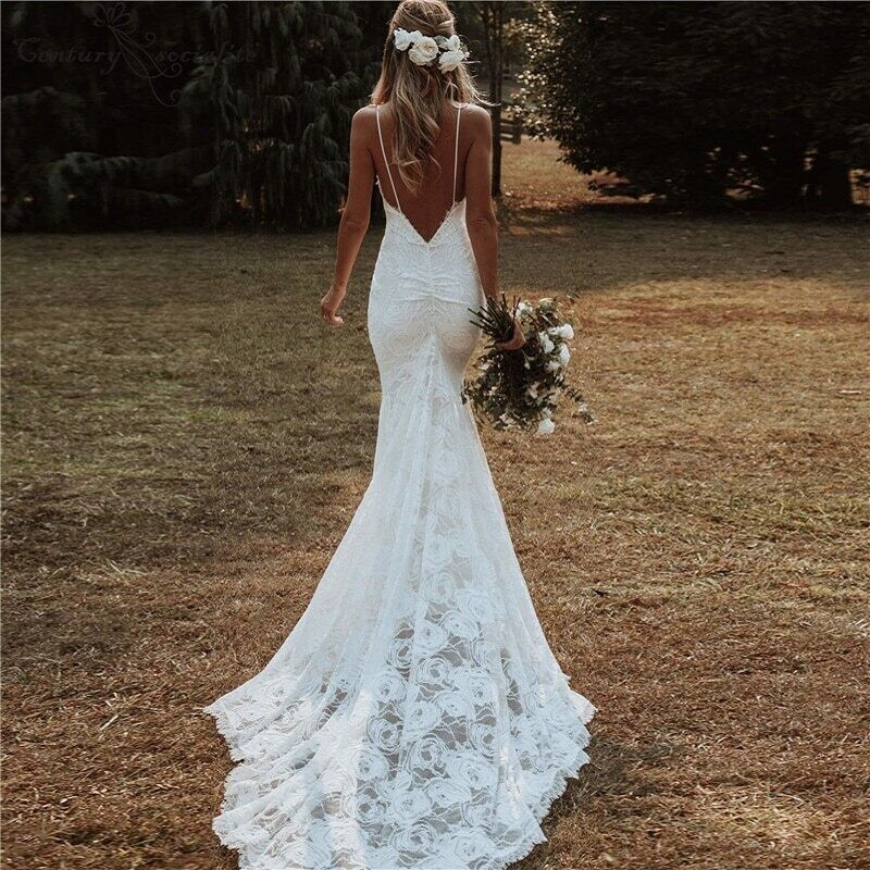 Lace wedding dress with veil.