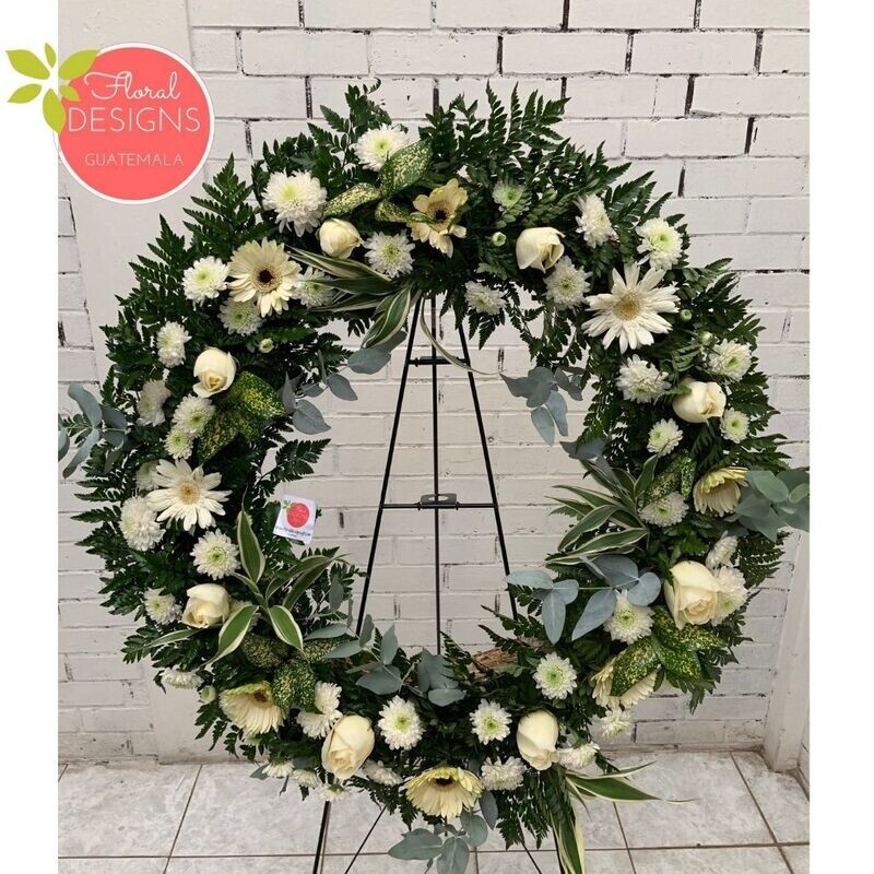 Corona de gerberas y rosas mediana blanca