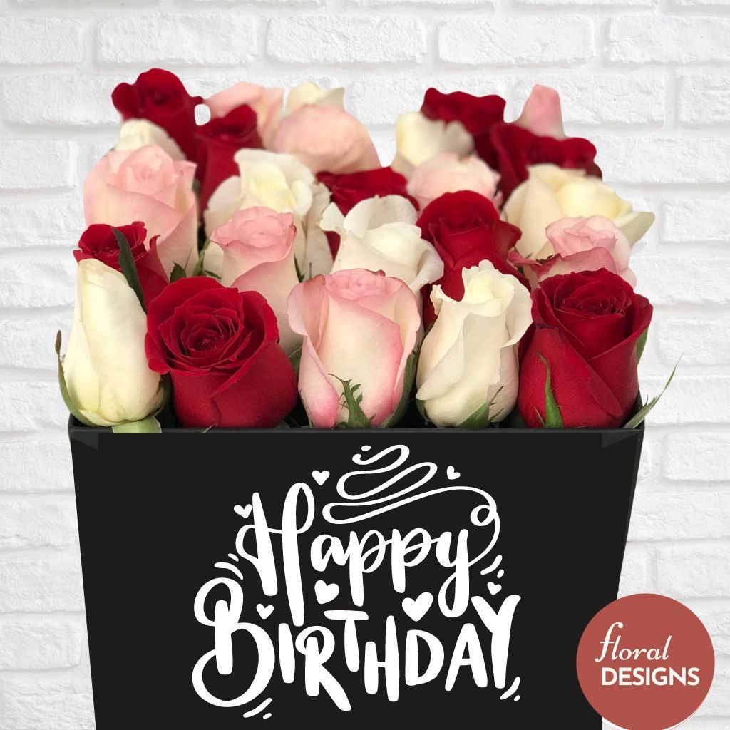 Caja de 25 rosas personalizada Tricolor