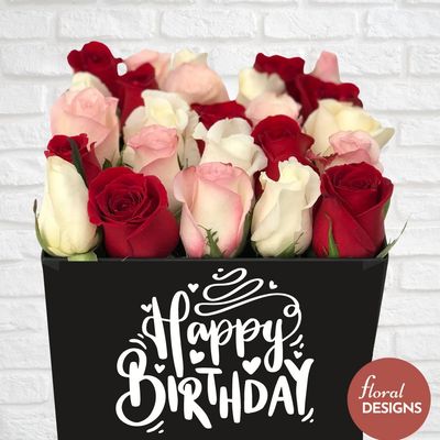 Caja de 25 rosas personalizada Tricolor