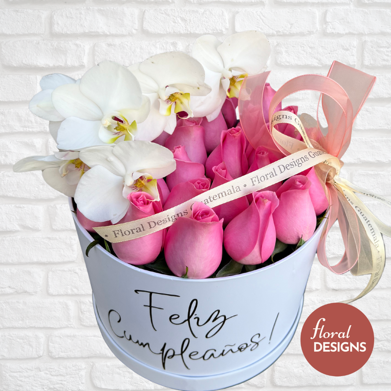 Roundbox Delux de rosas + Orquídeas