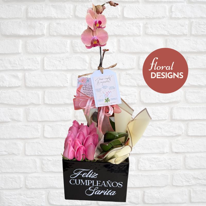 Caja personalizada de rosas y orquídeas