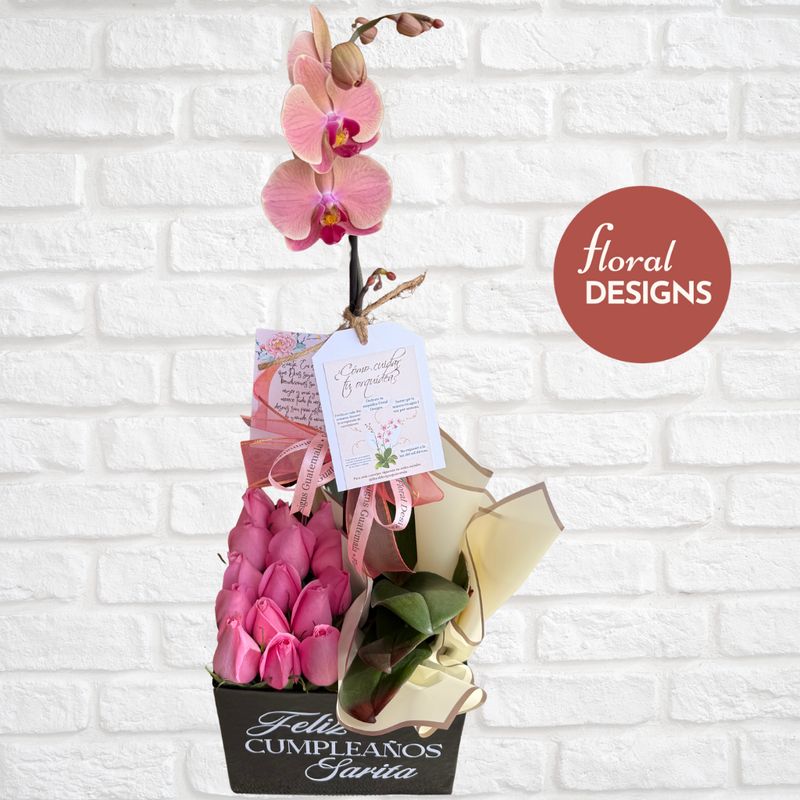Caja personalizada de rosas y orquídeas