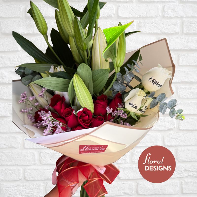 Bouquet de lirios y rosas rojas