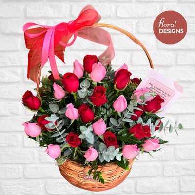 Cesta de 48 rosas rosado y rojo