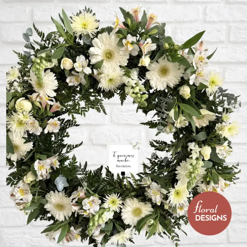 Corona de gerberas y rosas mediana blanca