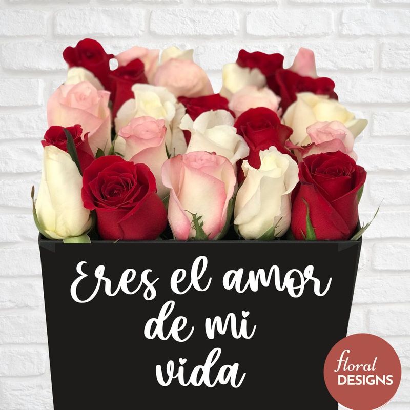 Caja de 25 rosas personalizada Tricolor