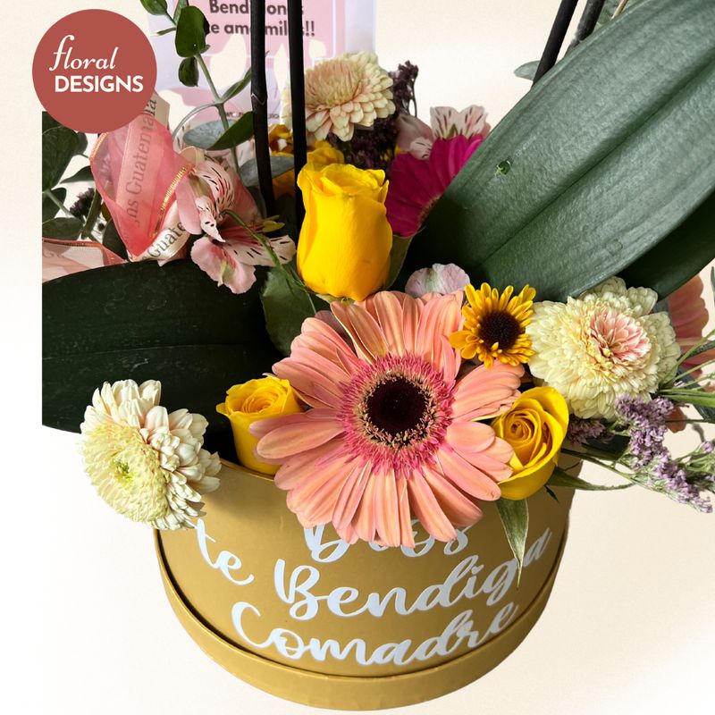 Rounbox de flores mixtas + orquídea
