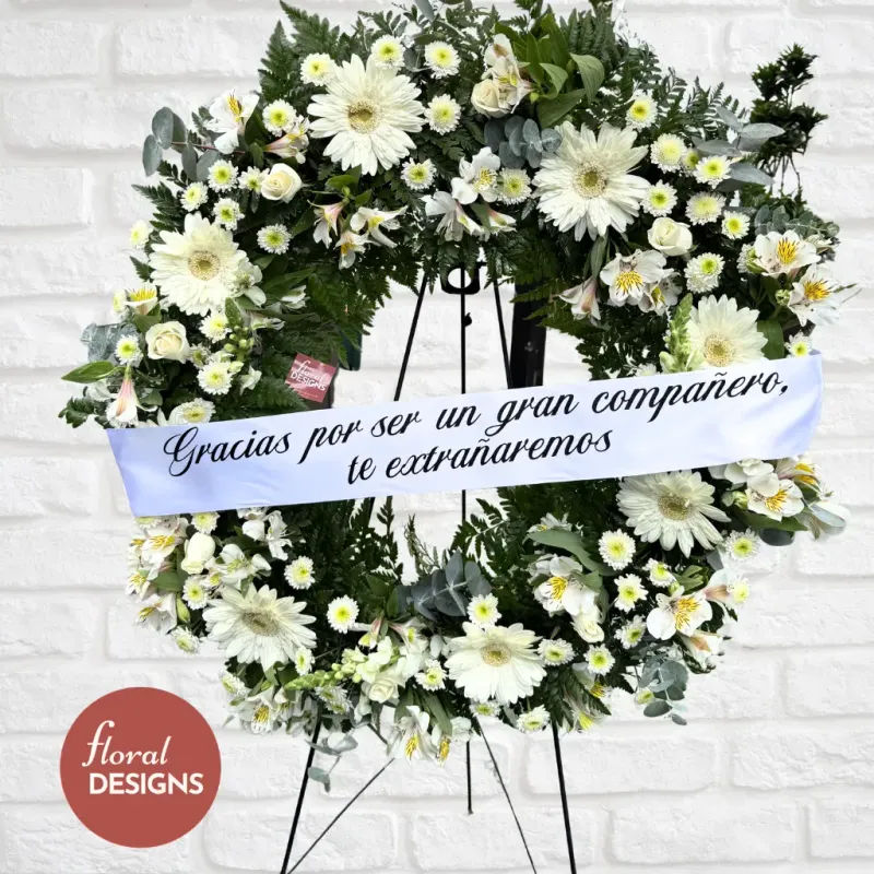 Corona de gerberas y rosas mediana blanca + listón personalizado
