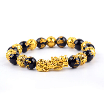 Feng Shui Obsidian Stone Beads Bracelet Men Women Wristband Gold Colour Pixiu Black Six Character Proverbs Wealth and Good Luck