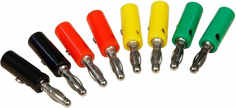 Banana plug set 8pcs. 4mm, transverse hole, compression spring, 4 colors, screwable, solderless Banana plug set 8pcs. 4mm, transverse hole, compression spring, 4 colors, screwable, solderless