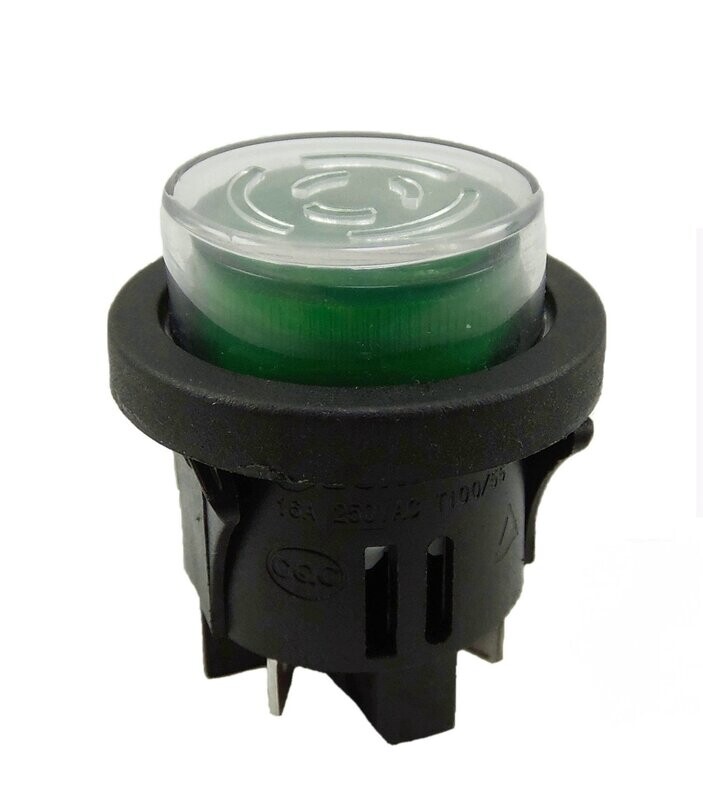 Push switch with waterproof cover, installation ø 25mm 250V 16A Green illuminated ON-OFF, (latching)