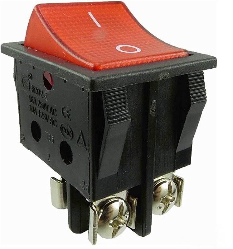 Rocker switch with screw contacts, device switch, 4 pin 16A 250 ~ black housing, rocker with color selection, illuminated