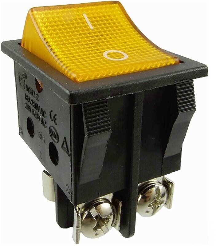 Rocker switch with screw contacts, device switch, 4 pin 16A 250 ~ black housing, rocker with color selection, illuminated