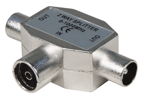 Coaxial TV adapter double plug (2x coaxial plug to 1x coaxial socket) in a metal housing