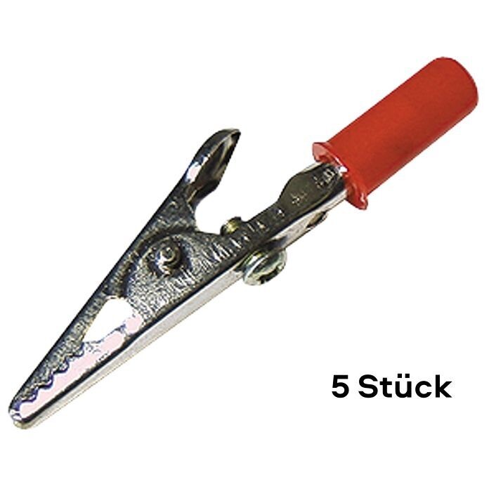 5x crocodile clips 55mm, 1 insulated handle, red, socket for 4mm banana plugs, with screw 5x crocodile clips 55mm, 1 insulated handle, red, socket for 4mm banana plugs, with screw
