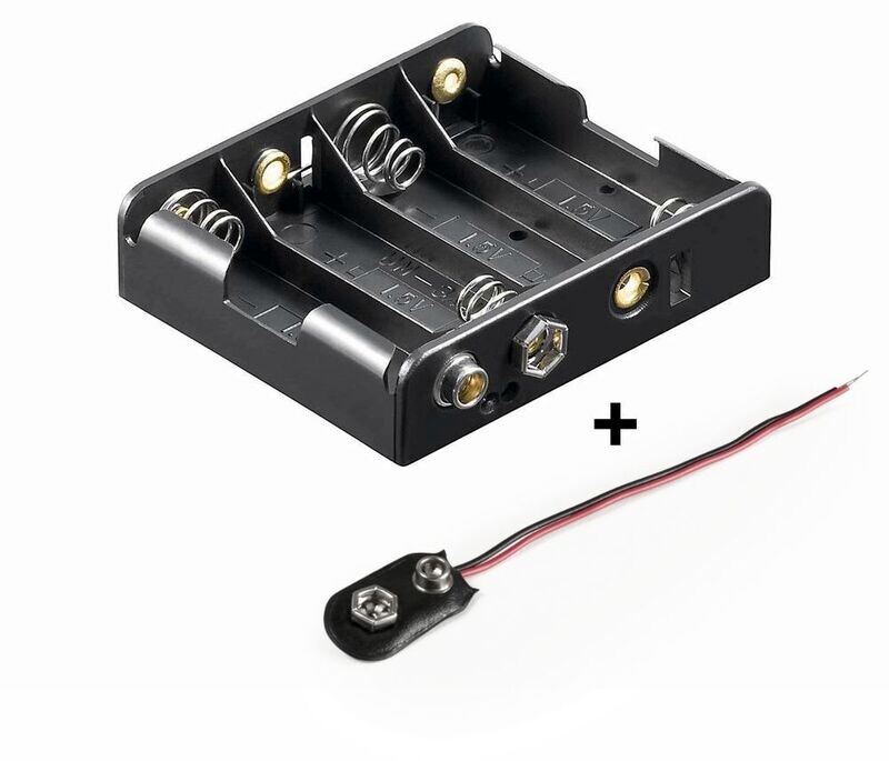 Battery holder, 4X Mignon ''AA'' with push button connection and matching i-shaped battery connection Battery holder, 4X Mignon ''AA'' with push button connection and matching i-shaped battery connection
