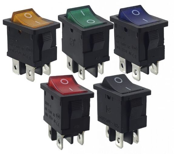 5 built-in rocker switch set, frame dimensions 21 x 15 mm, 6 A, 250 V~ 4 pins, illuminated