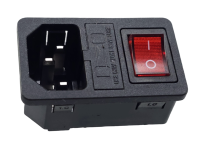 Kaltgeräte Steckverbinder Stecker C-14 mit rotem Schalter und Sicherung 10A/250V