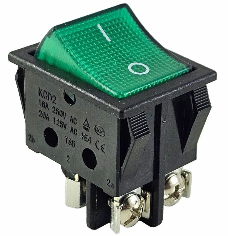 Rocker switch with screw contacts, device switch, 4 pin 16A 250 ~ black housing, rocker with color selection, illuminated