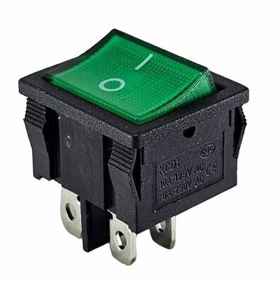 Wippenschalter grüne Wippe 4 pin 6A 250VAC Geräteschalter, Rahmenmaße ca. 21x24 mm, beleuchtet