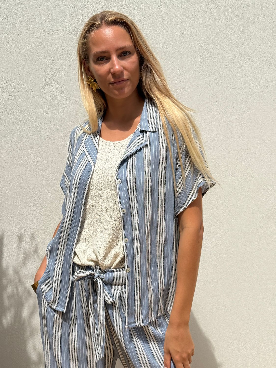 Collar Blouse Cr.Rayon S163 grey stripe BS6-594