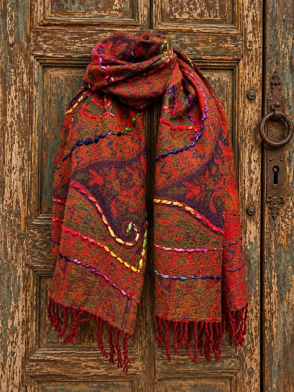 Embr Wool scarf 0086 burgundy BW6-900