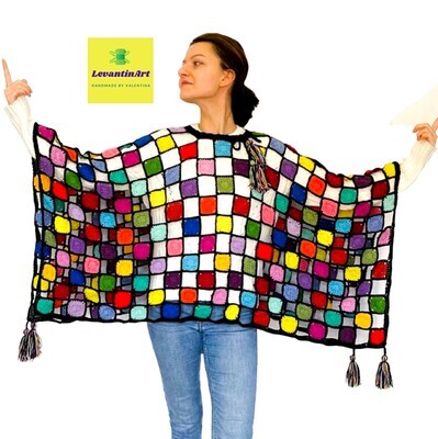Mozaic- Poncho dama multicolor handmade. Poncho femei cu ciucuri