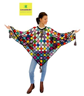 Mozaic- Poncho dama multicolor handmade. Poncho femei cu ciucuri