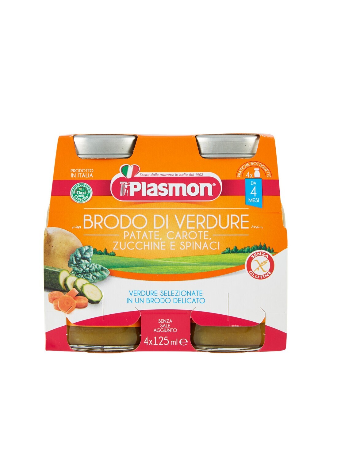 Plasmon Brodo Liquido di Verdure Patate Carote Zucchine e Spinaci 4x125