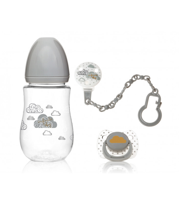 Kiokids Set Biberon con Ciuccio e Catenella Grigio