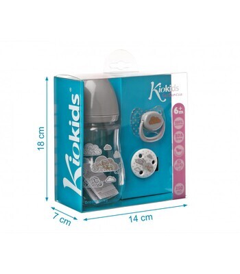Kiokids Set Biberon con Ciuccio e Catenella Grigio